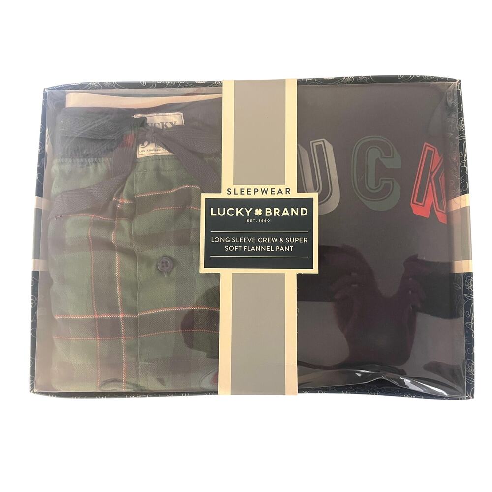 Lucky Brand Sleepwear Men Long Sleeve Crew & Super Soft Flannel Pant Set Size L